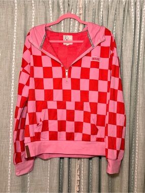 AMPERSAND AVE Pink and Red Checker Half-Zip Hoodie